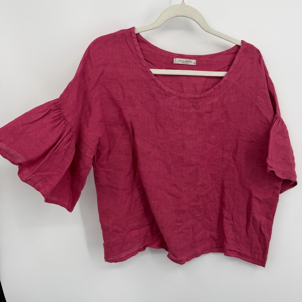 Viola Borghi pink 100% linen top with ruffle sleeve sz S made in Italy
